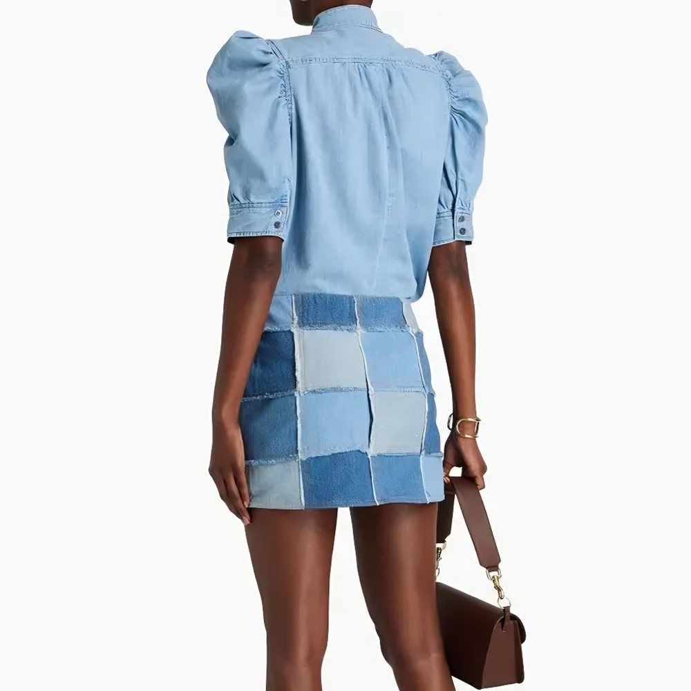 Frame The 70s Patchwork Blue Denim Mini Skirt Raw Hem Womens Size 8 - Picture 2 of 8